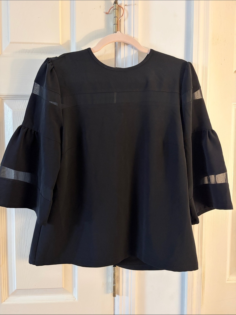 DKNY Black Ruffle Sleeve Blouse with Sheer Stripe Detail